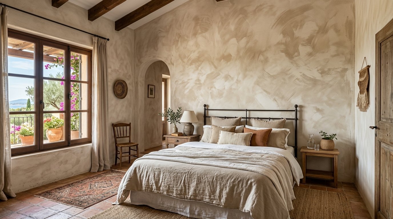 A rustic bedroom with a metal frame bed, linen bedding, and arched doorway overlooking a sunny coastal balcony.