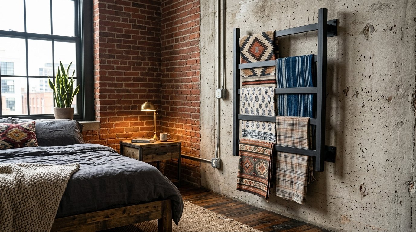 A bedroom with red brick walls and a black iron towel or blanket rack holding various textiles.