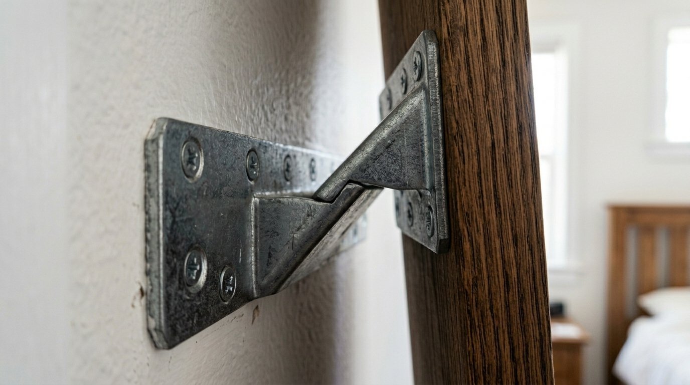 A close-up of a galvanized steel hardware bracket screwed into a white wall and a textured wood surface.