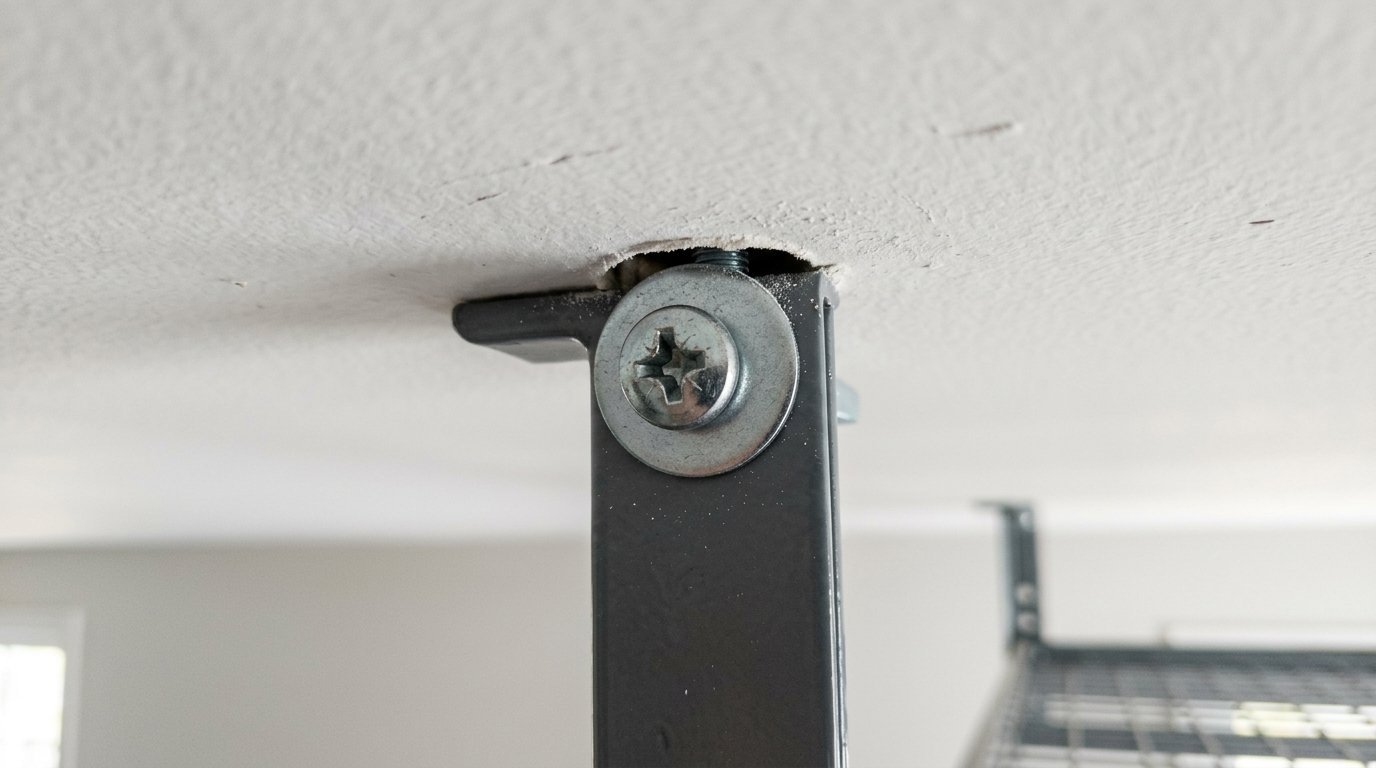 Close-up of a metal shelving bracket secured to a white plaster ceiling with a large screw and washer.
