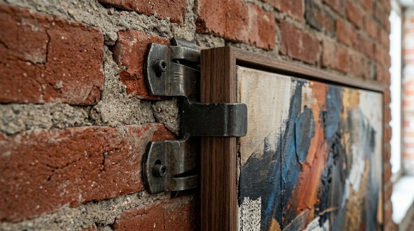 Close-up view of a heavy-duty industrial metal hinge fixture bolted onto an exposed red brick wall.