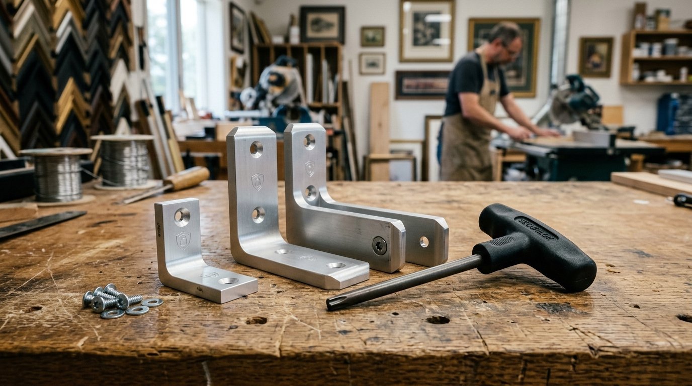 Three brushed aluminum corner brackets and a T-handle wrench rest on a scarred oak workbench in a framing studio.