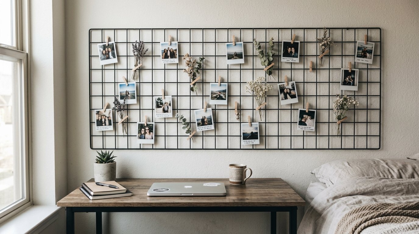 Black wire mesh wall organizer featuring polaroid-style photos and botanical accents above a wooden desk.