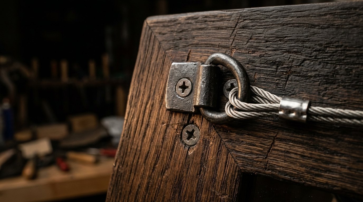 Close-up of a steel wire loop secured to a dark wood frame with screws in a woodworking shop.
