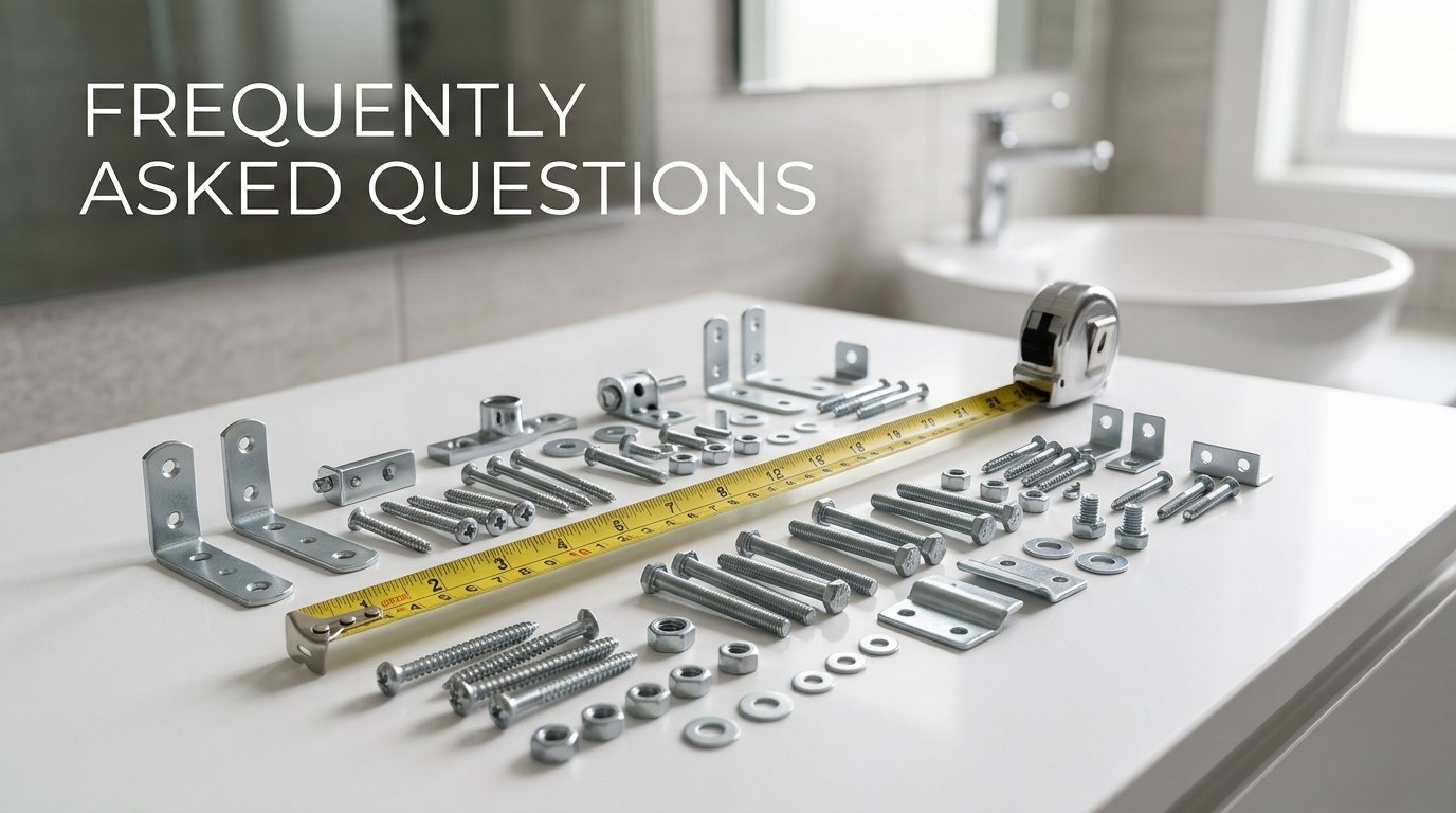 Collection of metal brackets, screws, and bolts laid out next to a tape measure on a bathroom countertop.