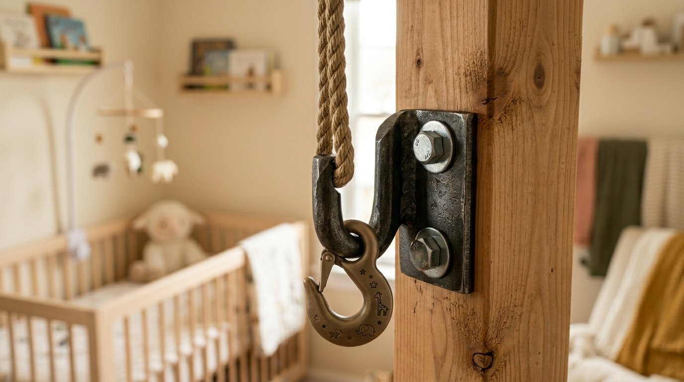 A rustic iron hook attached to a wood beam with bolts, holding a rope in a softly blurred baby nursery background.