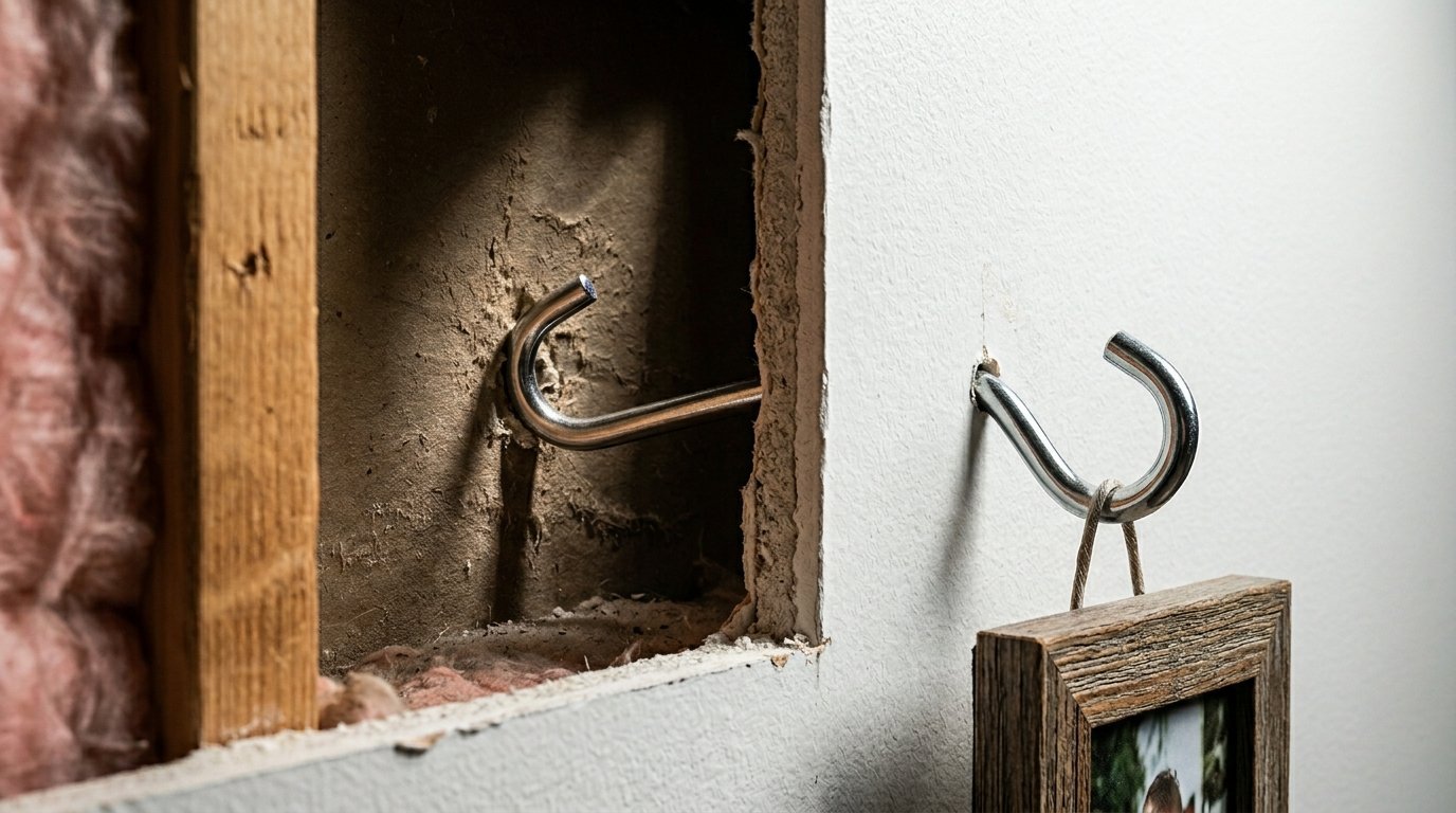 Close-up of two metal J-hooks, one exposed inside a hole in drywall and one holding a picture frame.