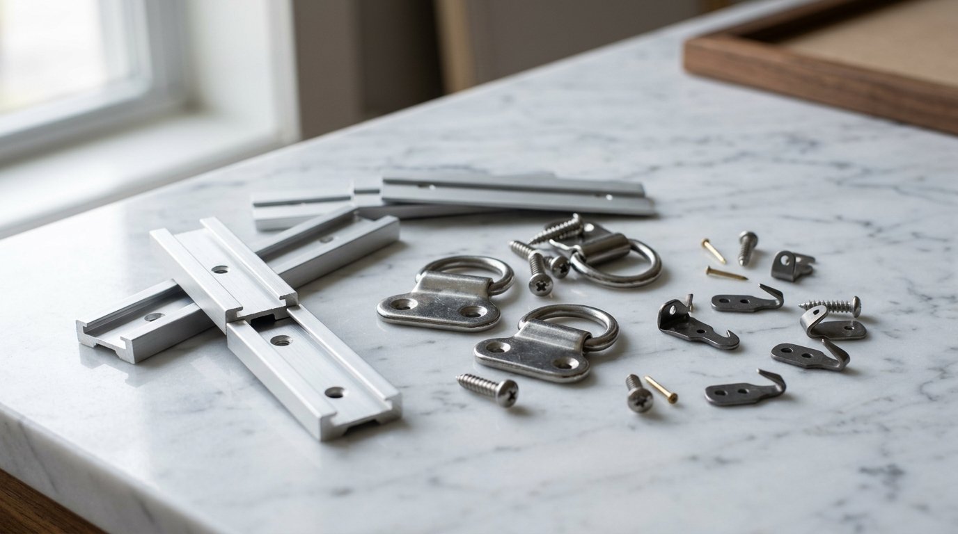 Close up of aluminum framing channels, d-ring hangers, and small screws laid out on a white marble countertop.