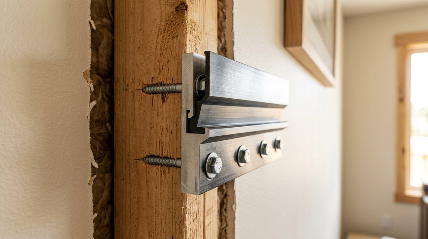 Close up of a brushed aluminum Z-bar fastener bolted into a vertical wood frame.