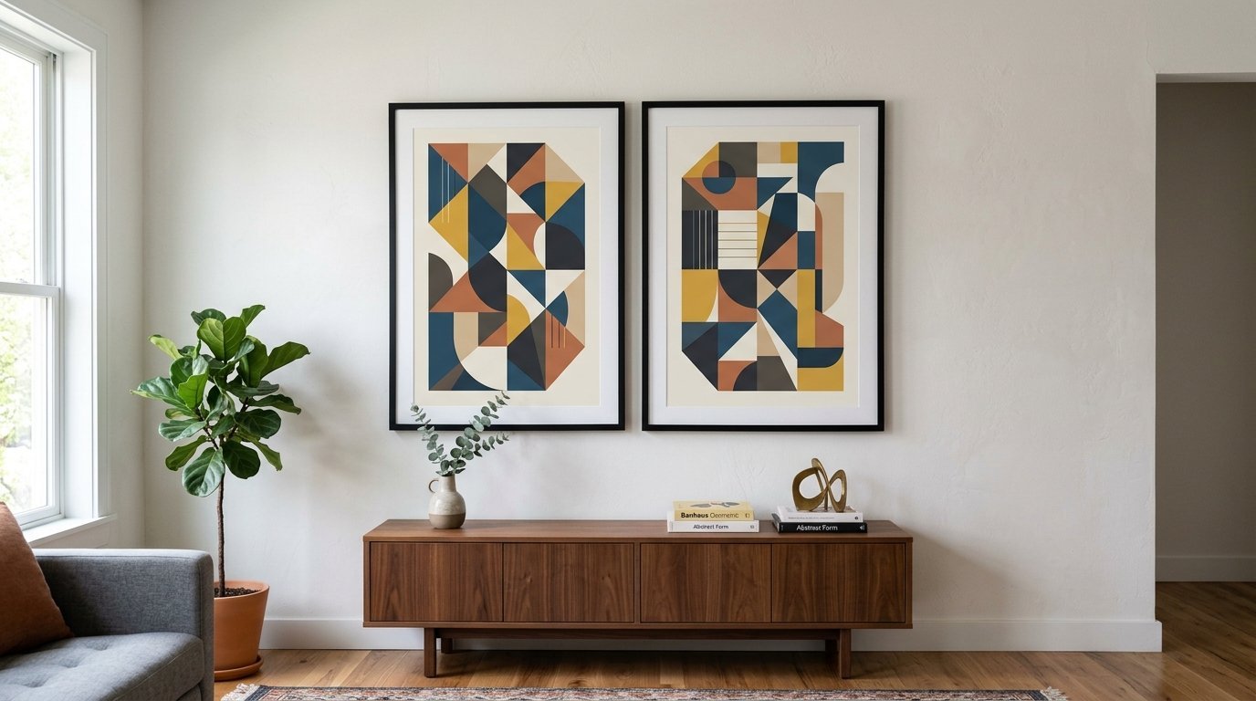 Modern living room featuring a pair of colorful abstract prints on a white wall above a wooden mid-century media console.