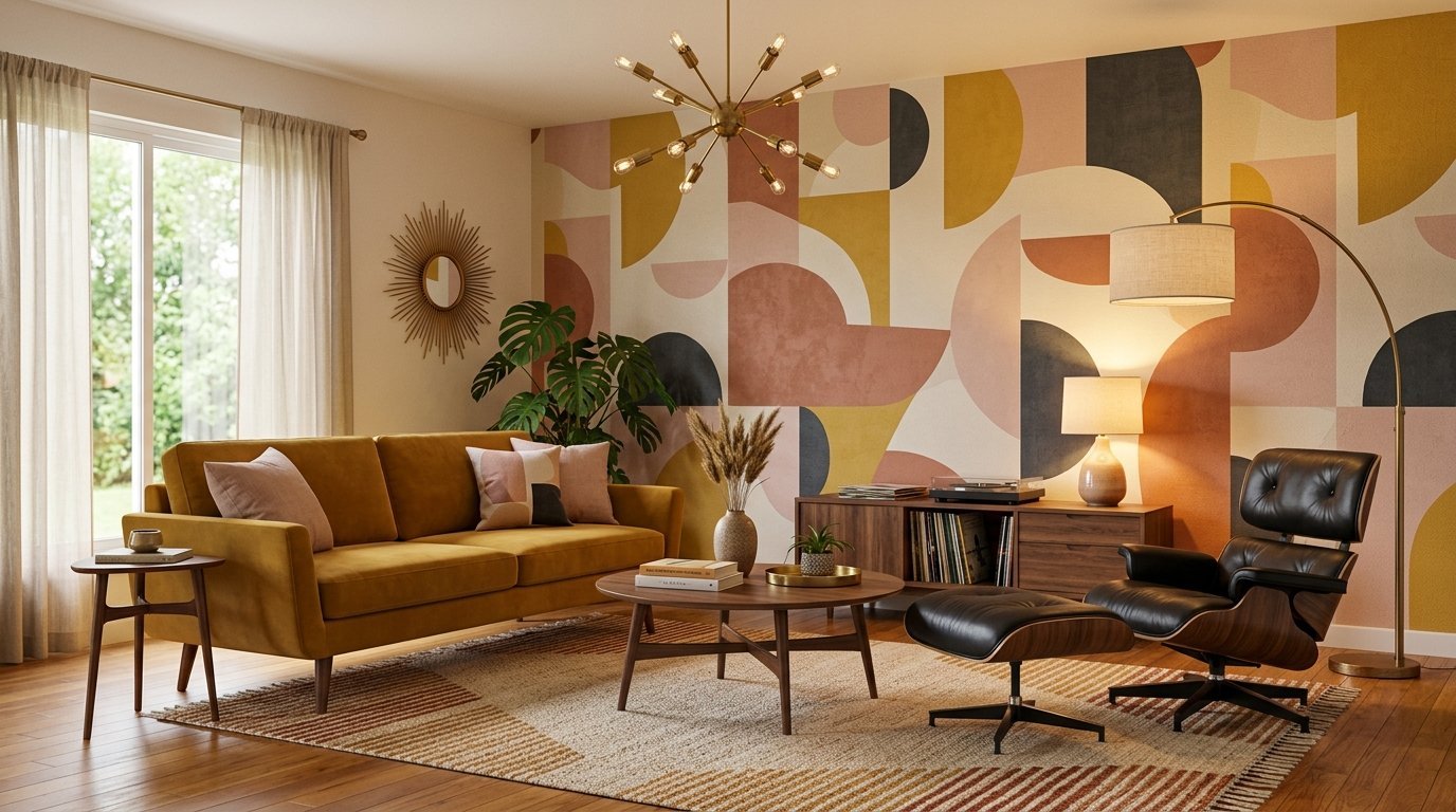 Mustard velvet sofa in a room with a patterned mural, wooden coffee table, and an Eames-style lounge chair.