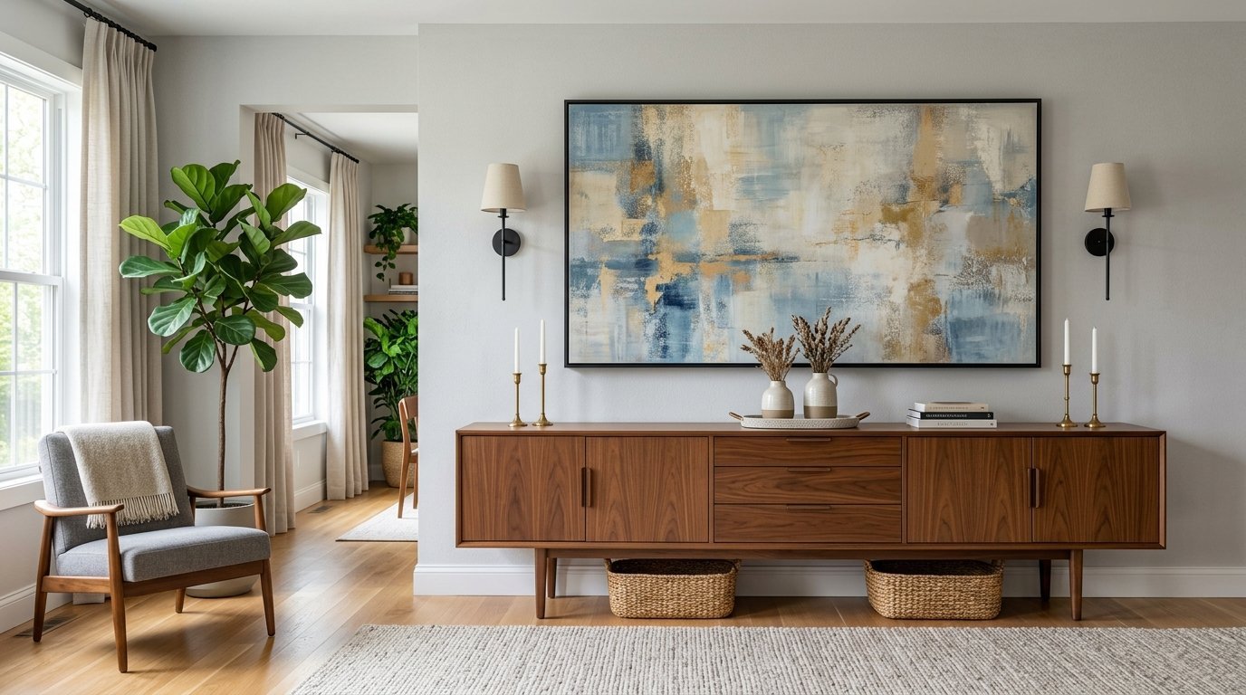 Interior view featuring a walnut buffet cabinet, a grey lounge chair, and oversized wall art in a neutral living room.