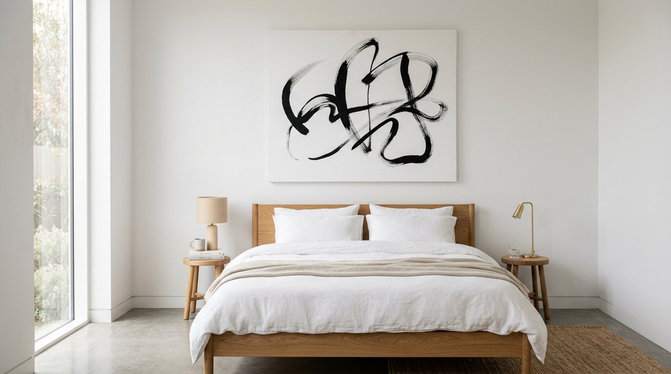 A wooden bed frame with white bedding placed beneath a large brushstroke art piece in a bright modern bedroom.