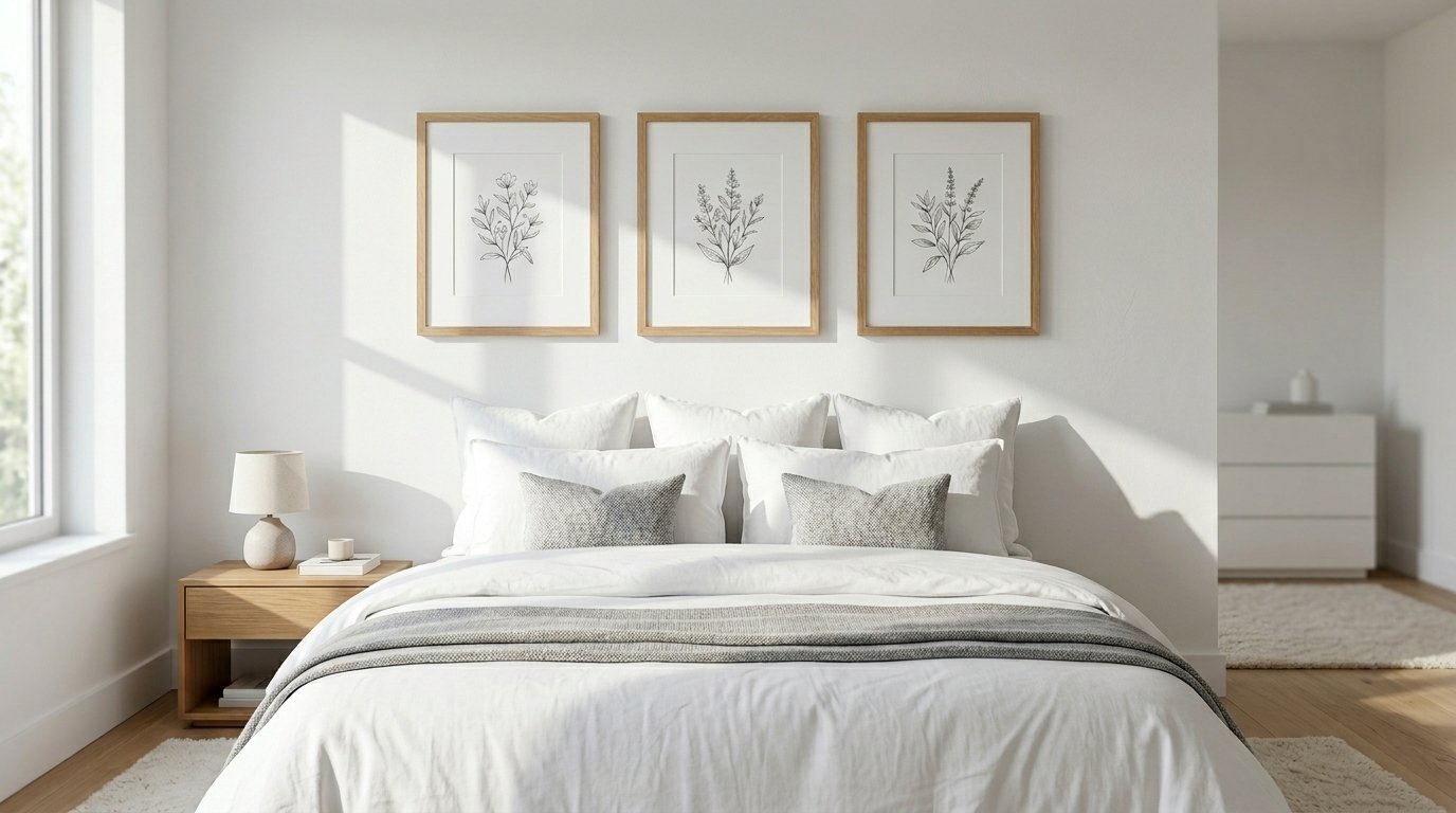 A serene bedroom featuring three floral sketch prints in light wooden frames centered on a crisp white wall.