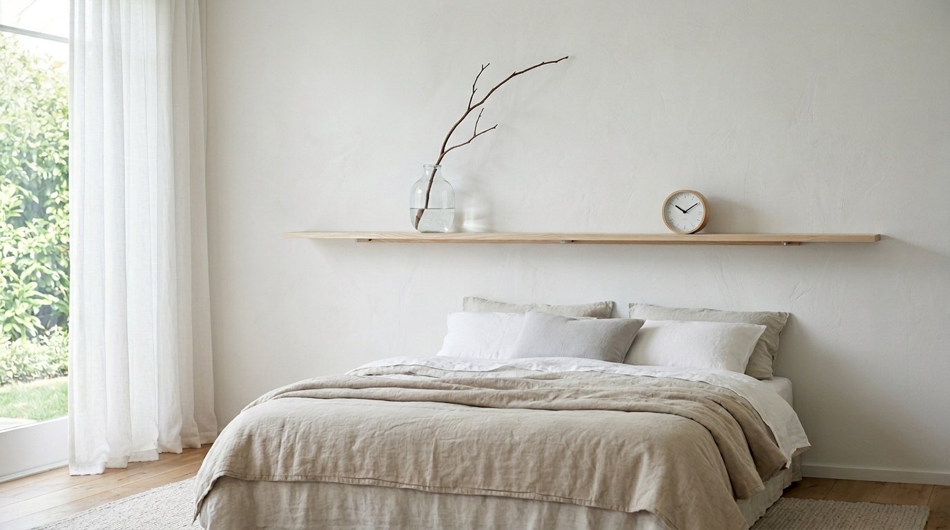 A bed with beige linens sits under a floating wood shelf holding a glass vase with a twig and a circular clock.