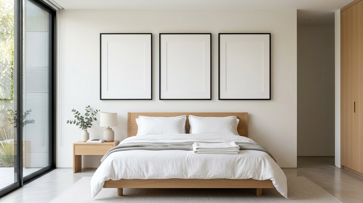 A modern, airy bedroom with a light wood bed, white linens, and three blank vertical picture frames on the wall.