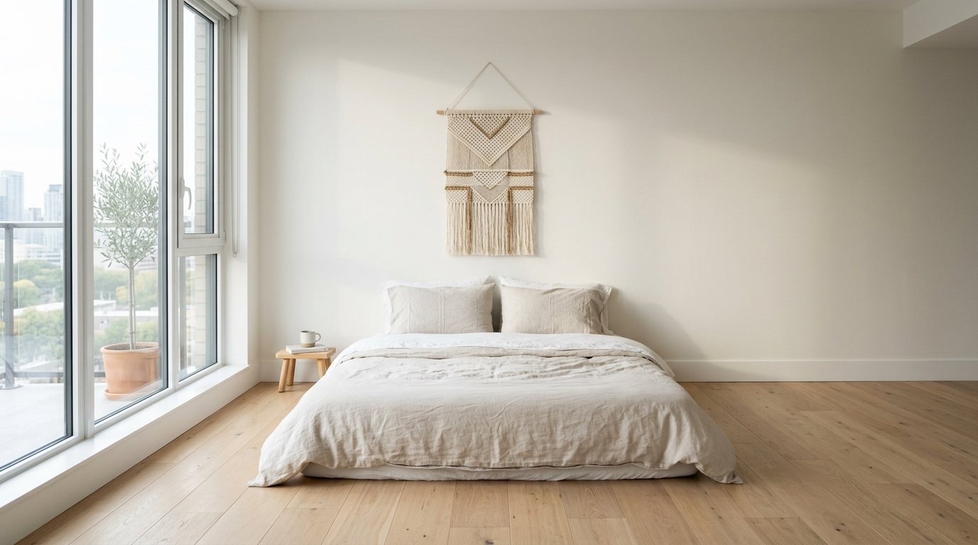 A low-profile bed with neutral linen bedding centered against a white wall with a decorative woven fiber wall hanging.