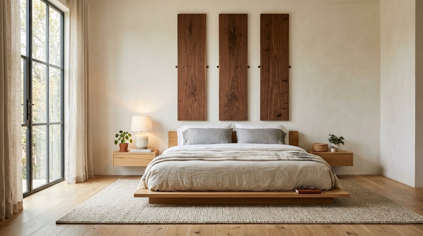 A serene bedroom with a low oak platform bed, grey bedding, and three hanging walnut wood panels above.