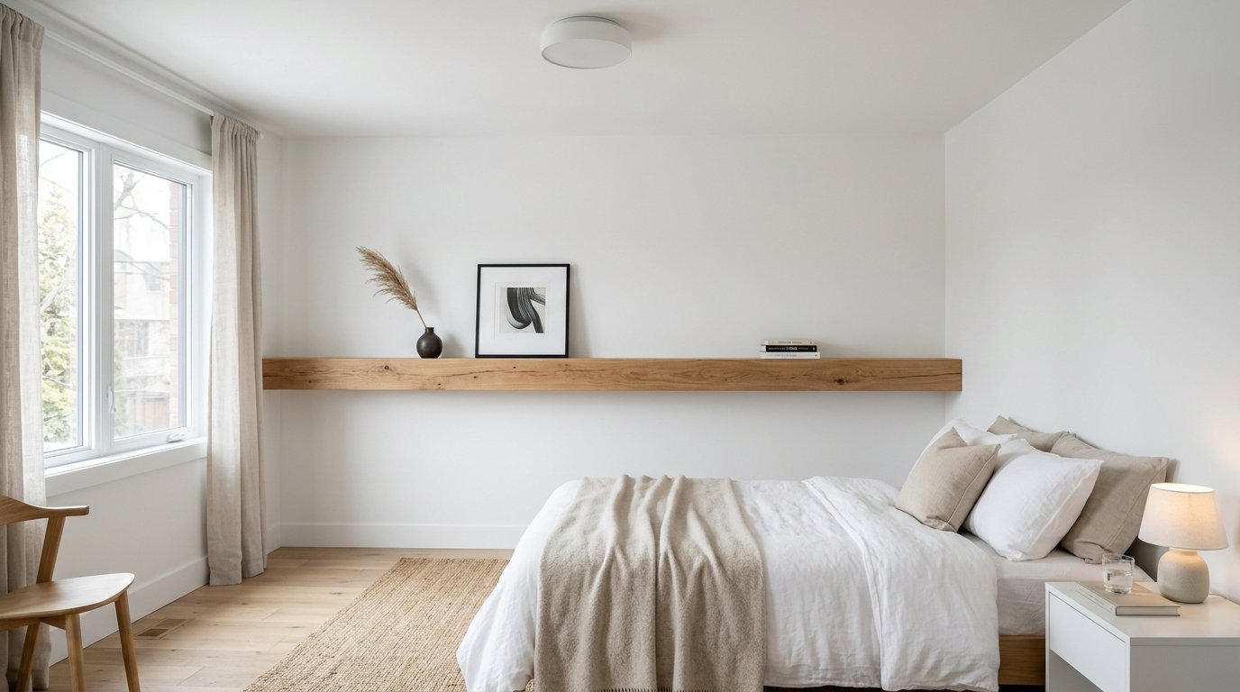 A serene bedroom with a white wall, wooden shelf, white bed linens, and beige throw blanket.
