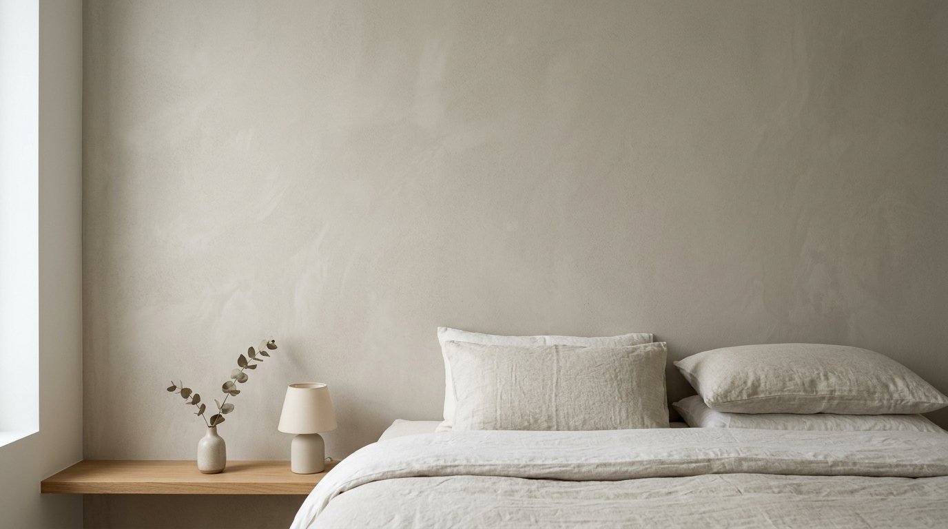 Close up of a bed with linen bedding next to a small table lamp and a vase of greenery against a textured beige wall.