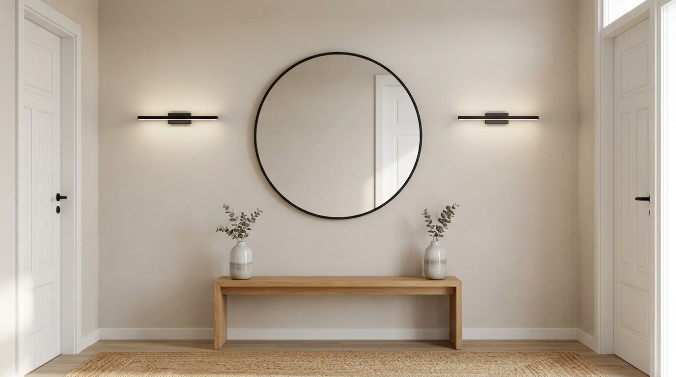 Round black mirror above a wooden bench with vases in a minimalist, beige-walled hallway.