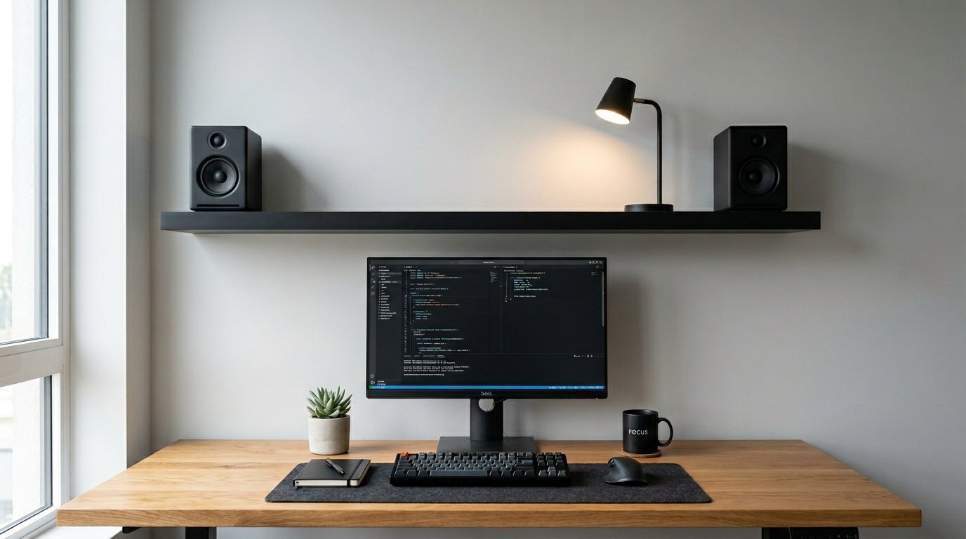 Modern wooden desk with a computer monitor displaying code, keyboard, mouse, succulent, and a coffee mug.