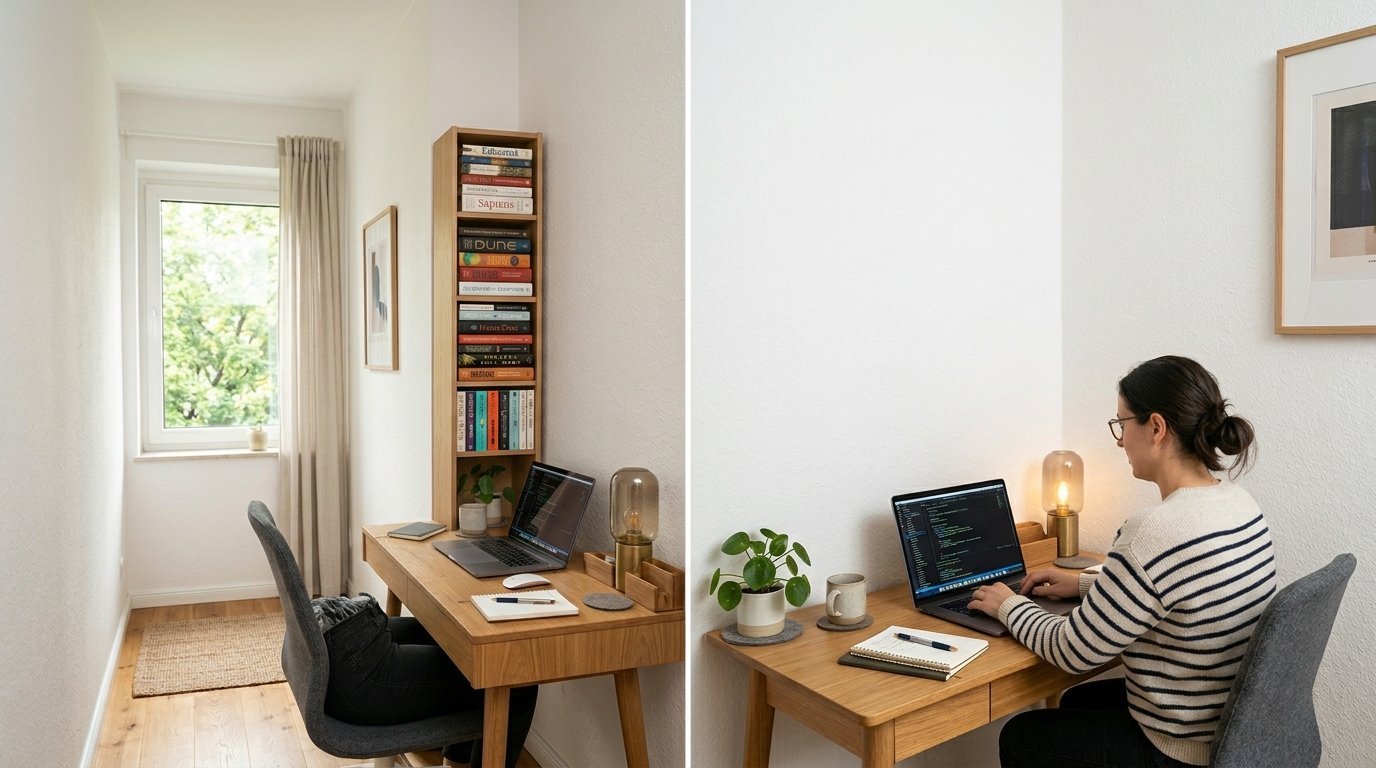 A woman in a striped sweater types on a laptop at a sleek wooden desk in a narrow room with a bookshelf.