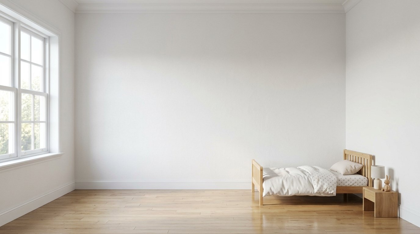 Spacious bedroom with white walls, wooden flooring, and a small bed featuring a polka dot duvet cover.