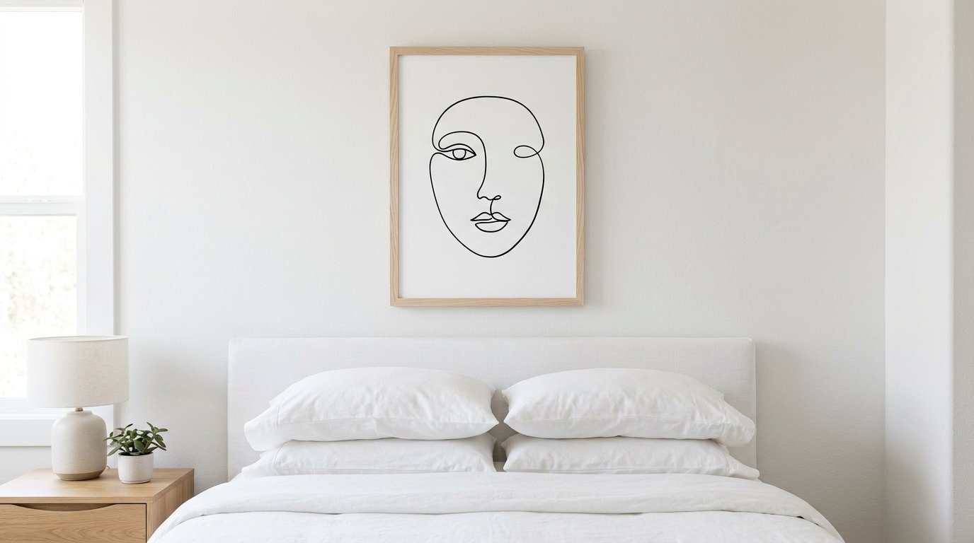 A framed abstract face print in black ink on a bright white bedroom wall.