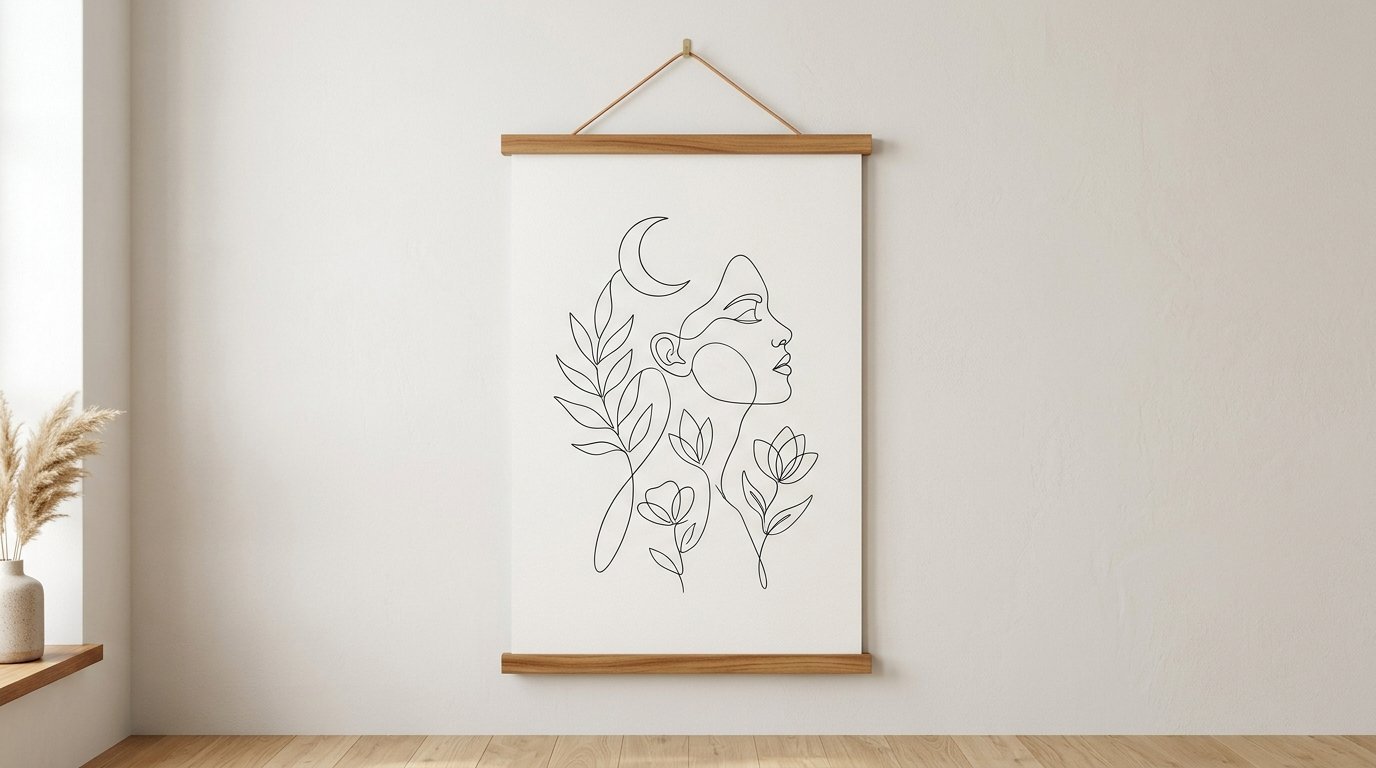 A framed canvas print featuring a black ink drawing of a woman's profile surrounded by florals and a moon.