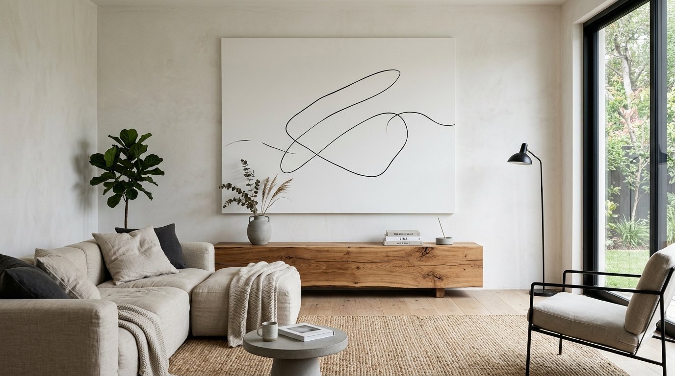 Modern interior with a beige sectional sofa, rustic wooden media console, and large black and white minimalist artwork.