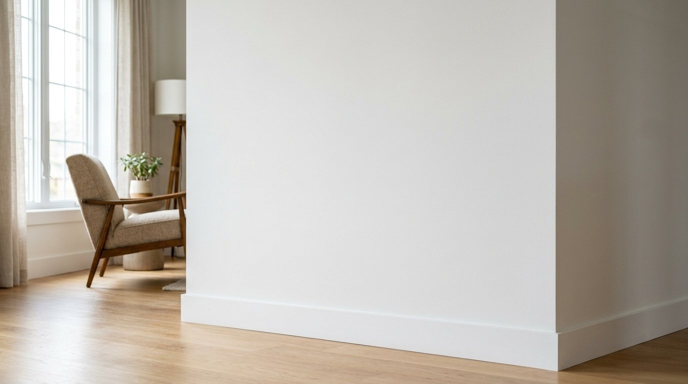 A beige armchair and floor lamp sit in a bright corner next to a smooth white interior wall.