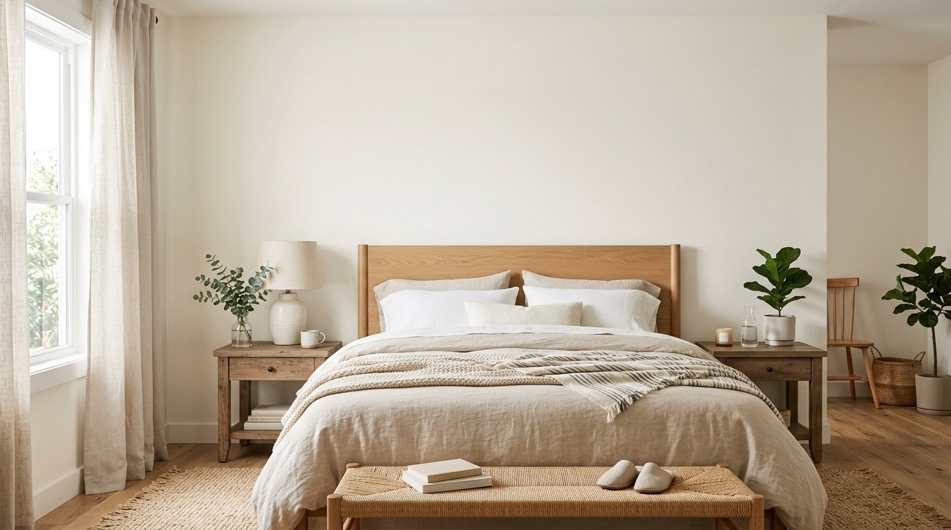 Modern bedroom with a wooden bed, neutral linen bedding, bedside lamps, and indoor plants on a natural jute rug.