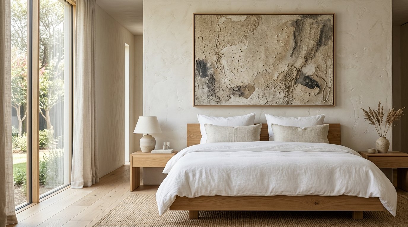 A serene bedroom with a wooden bed frame, linen bedding, and large abstract plaster painting on a neutral wall.