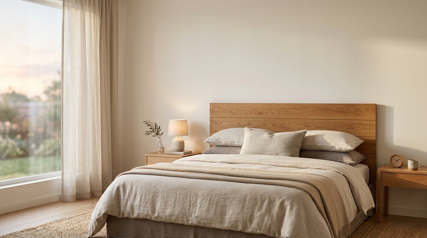 Modern bedroom with oak headboard, tan bedding, and a glowing bedside lamp by a window.