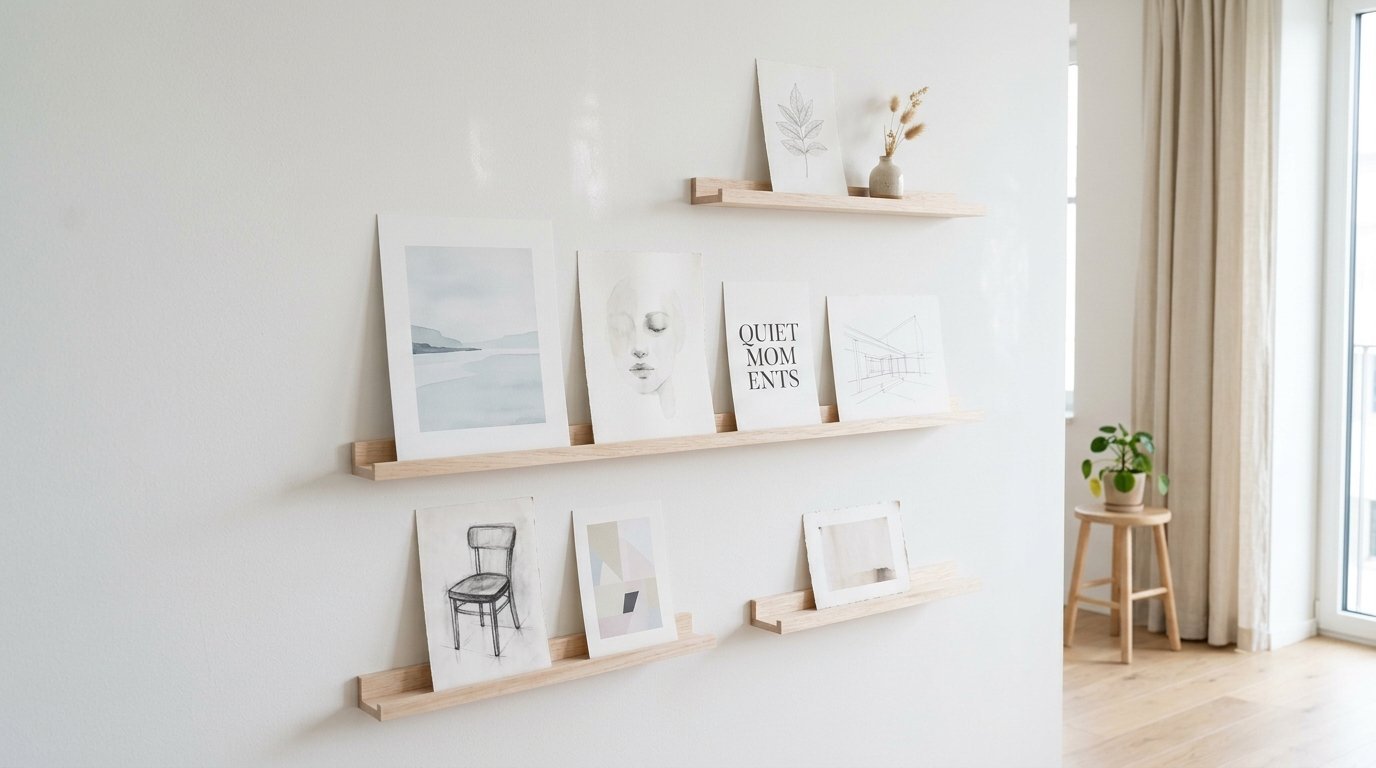 Wooden wall ledges arranged on a white wall featuring abstract drawings, watercolor art, and a small flower vase.