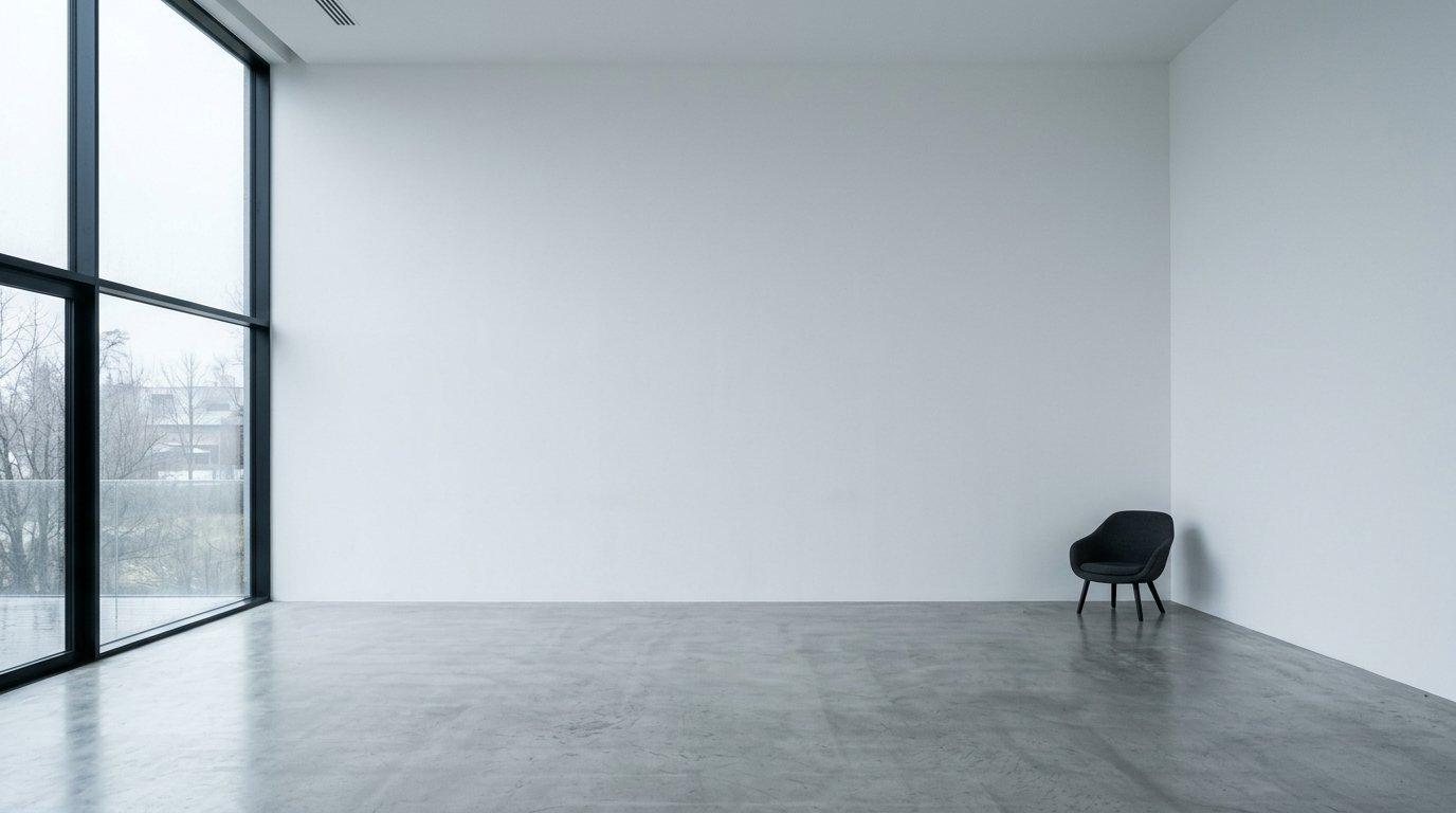 Modern empty space with concrete floor, large black frame windows, and one dark upholstered chair in the corner.