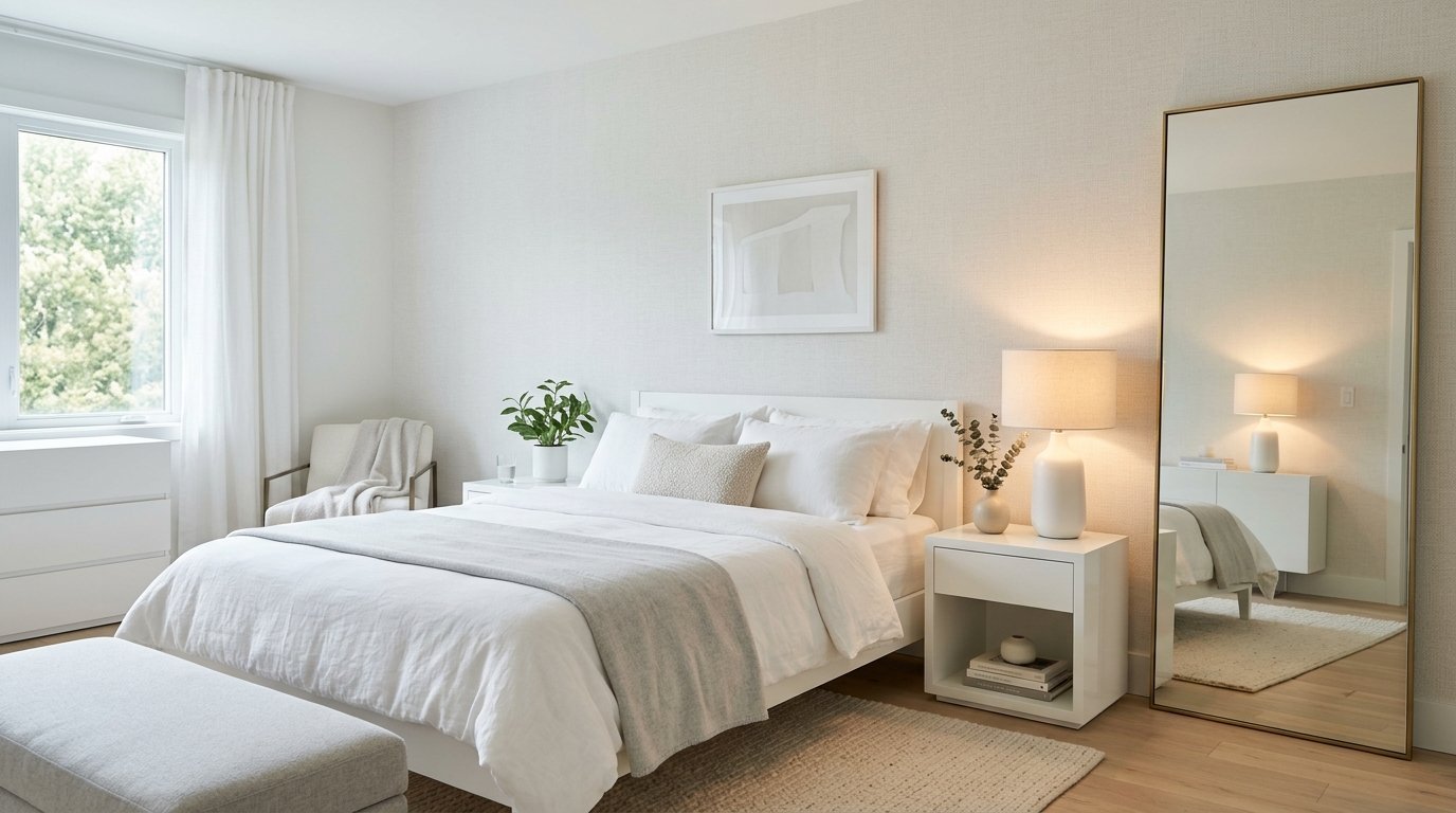 Modern white bedroom interior with a platform bed, bedside table lamp, and tall rectangular mirror on wood floor.