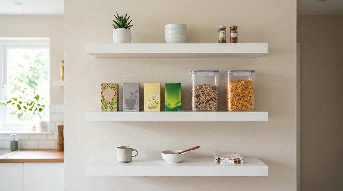 Decorative floating wall shelves in a modern kitchen holding tea boxes, food storage containers, and ceramic dishes.