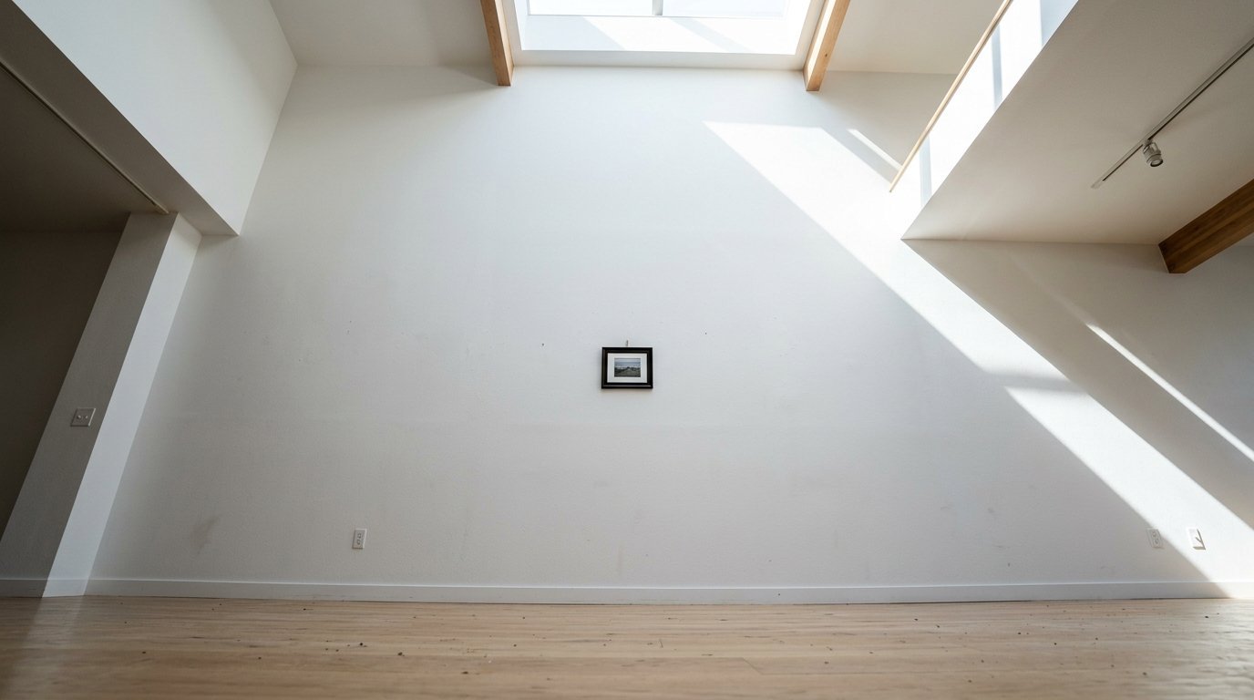 Single framed photograph centered on a massive white wall illuminated by natural light from a ceiling skylight.