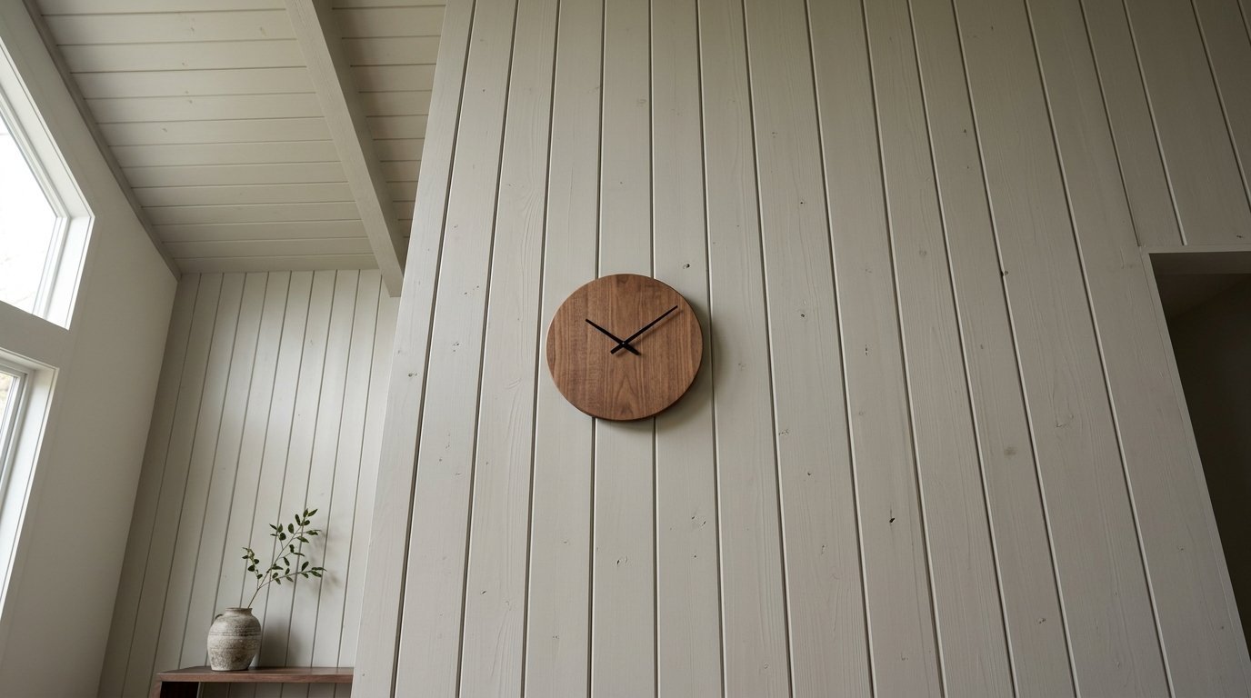 Round wooden wall clock with black hands centered on a textured white vertical shiplap wall.