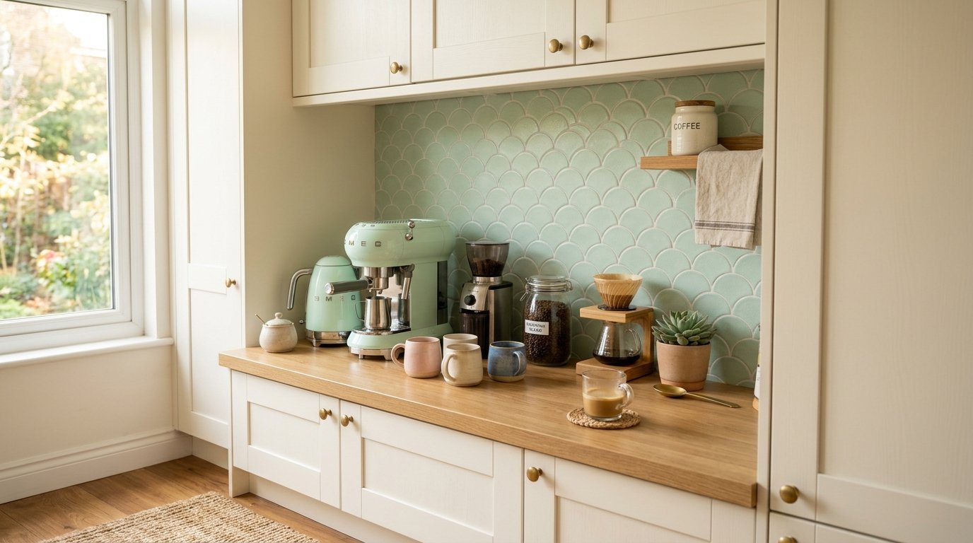 Cream cabinetry and a mint scallop tile backsplash frame a coffee nook with espresso machines, mugs, and a small plant.