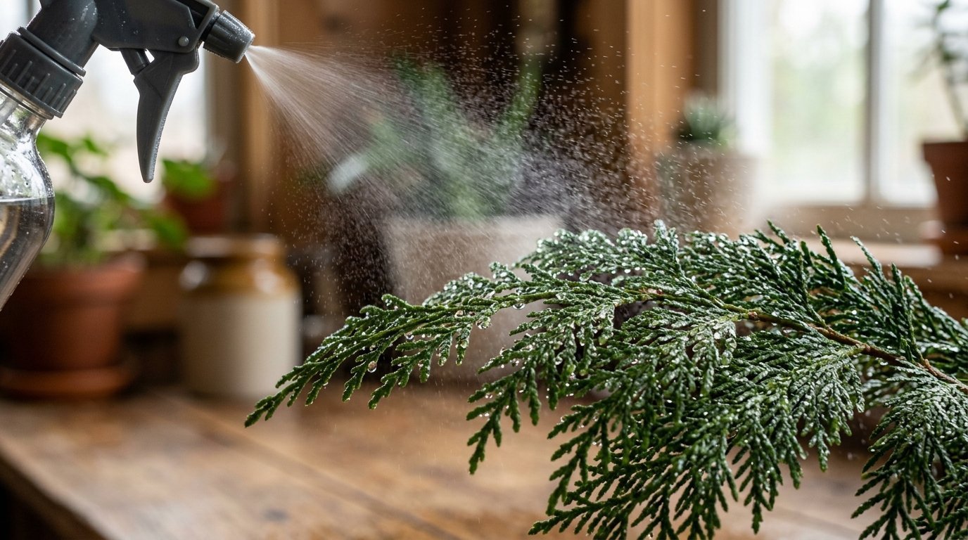Close up of water being sprayed from a plastic bottle onto a cedar branch sitting on a wooden table.