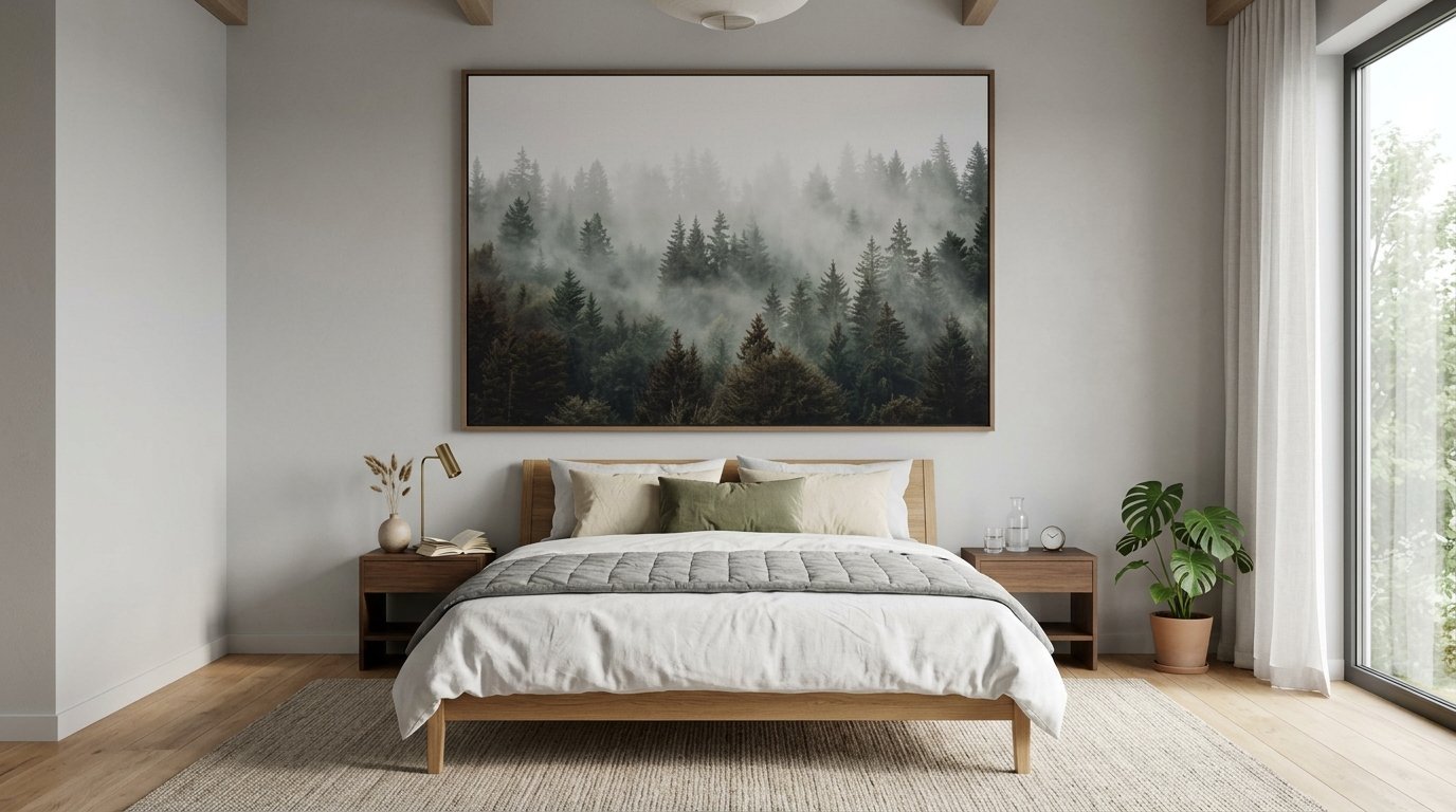 Spacious bedroom with a wooden bed, neutral bedding, and a landscape painting of a foggy pine forest.