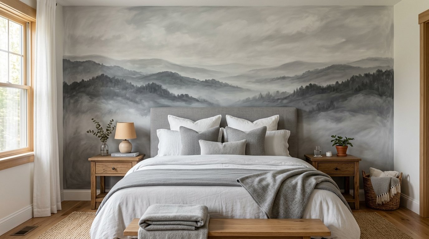 A bedroom with a grey foggy mountain mural above a bed with white linens and wooden nightstands.
