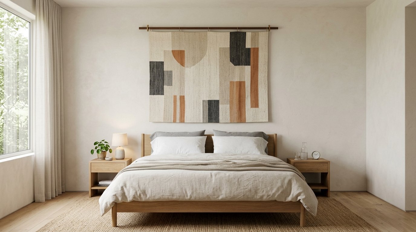 Textured abstract art rug hanging above a wooden bed frame in a neutral bedroom with bedside tables.
