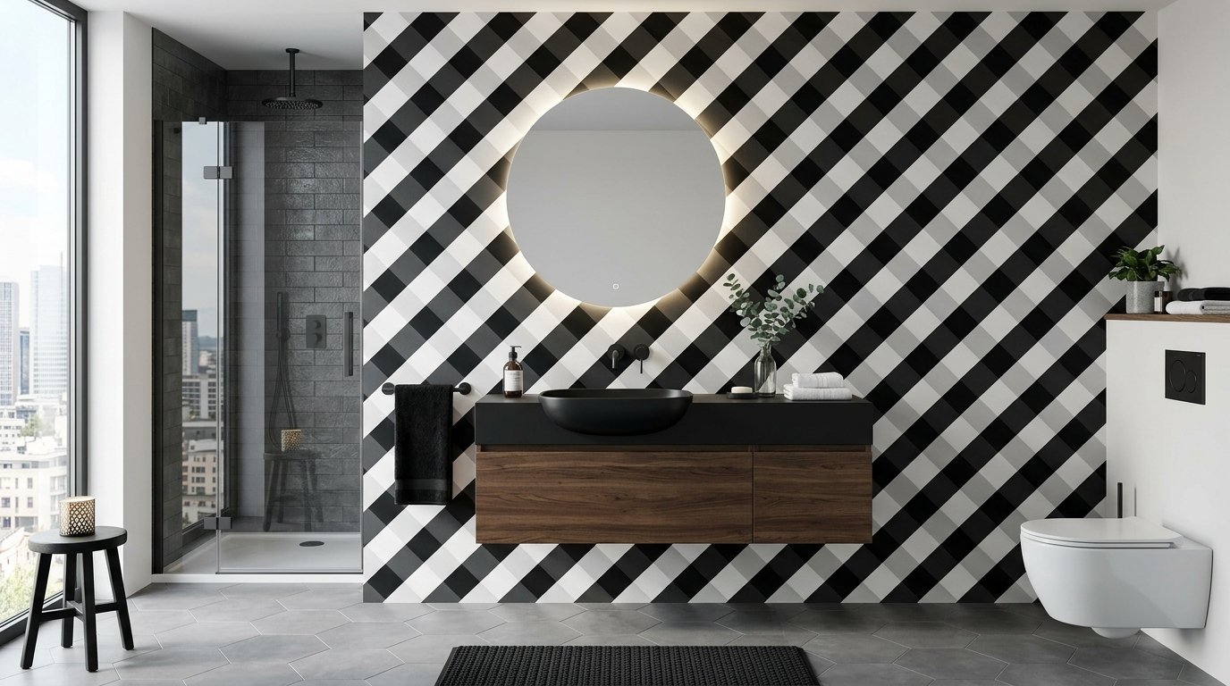 Contemporary bathroom with geometric diagonal wall tiles, a floating wood vanity, and a backlit circular mirror.