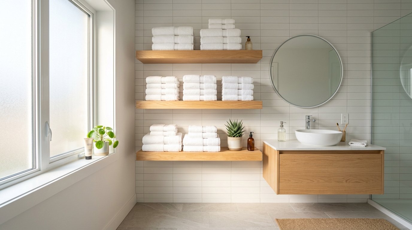 Bright bathroom with stacked towels on wall-mounted oak shelves next to a circular mirror and floating vanity.