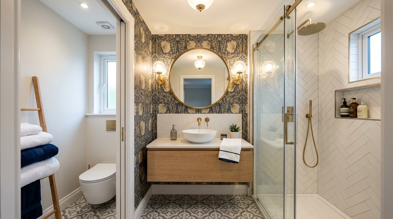 A stylish bathroom with a round gold mirror, wood vanity, patterned wallpaper, and a glass-enclosed shower.