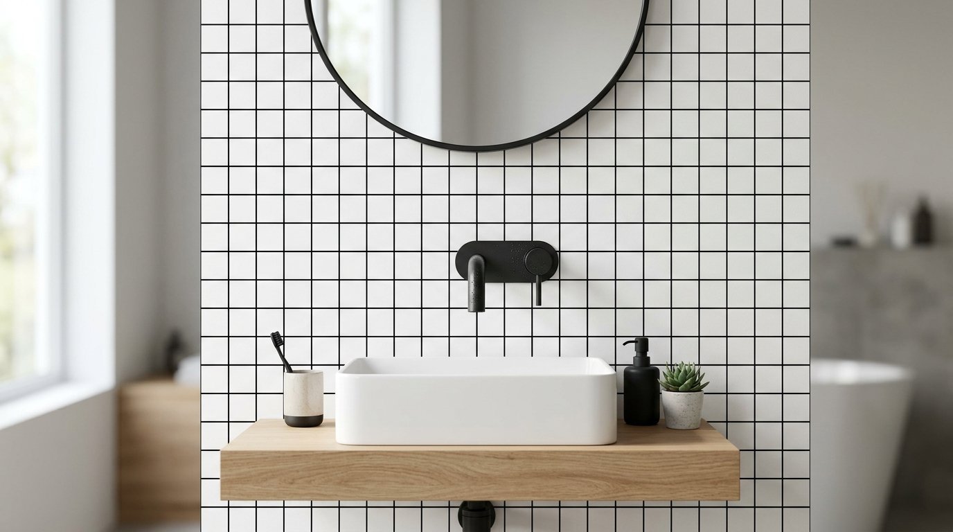 A rectangular white basin sits on a wooden shelf against a white grid tiled wall with black fixtures.